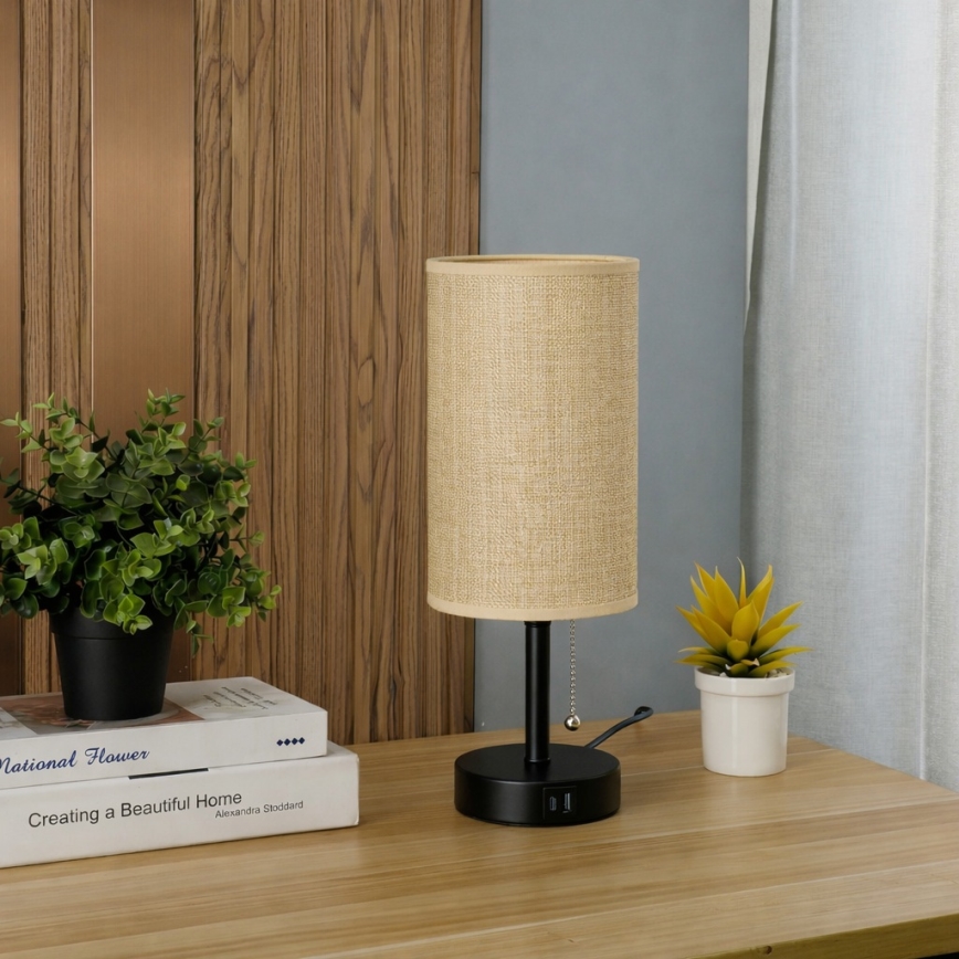 Brilagi - Bordslampa med USB-port TABLON 1xE27/25W/230V svart/beige