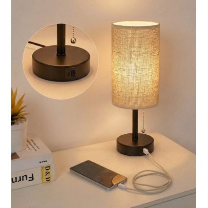 Brilagi - Bordslampa med USB-port TABLON 1xE27/25W/230V svart/beige