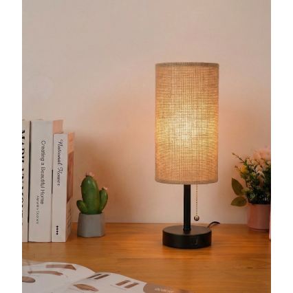 Brilagi - Bordslampa med USB-port TABLON 1xE27/25W/230V svart/beige