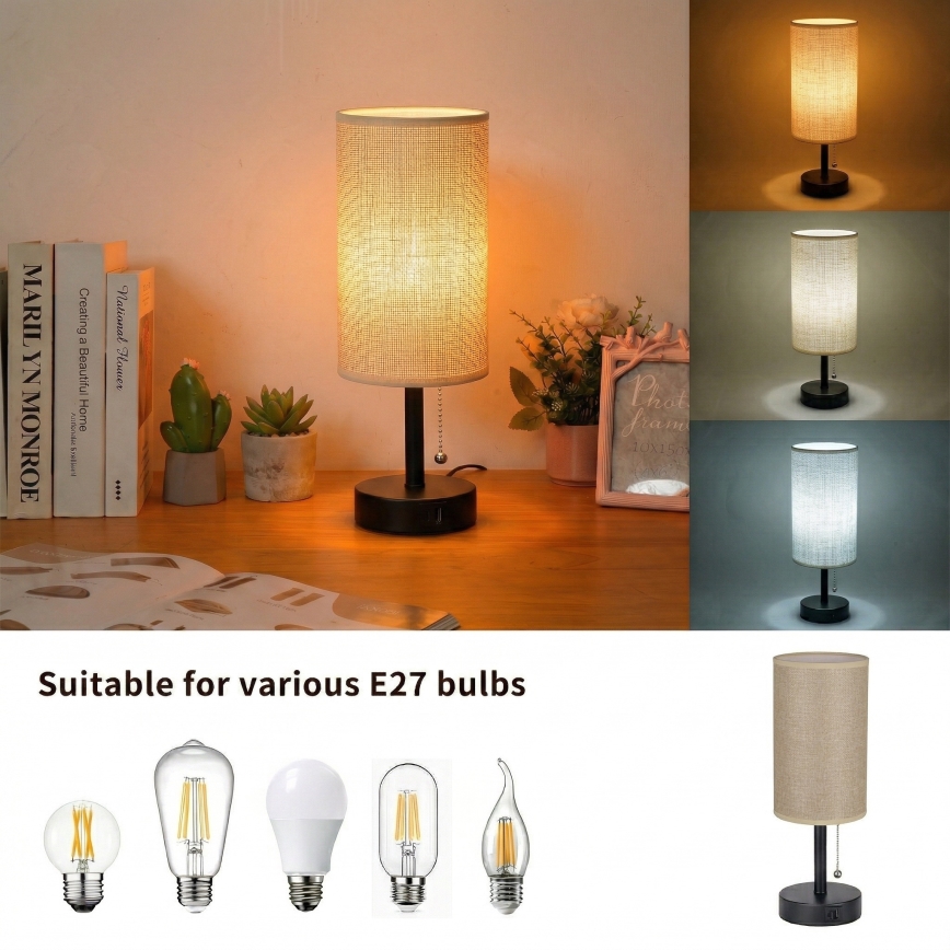 Brilagi - Bordslampa med USB-port TABLON 1xE27/25W/230V svart/beige