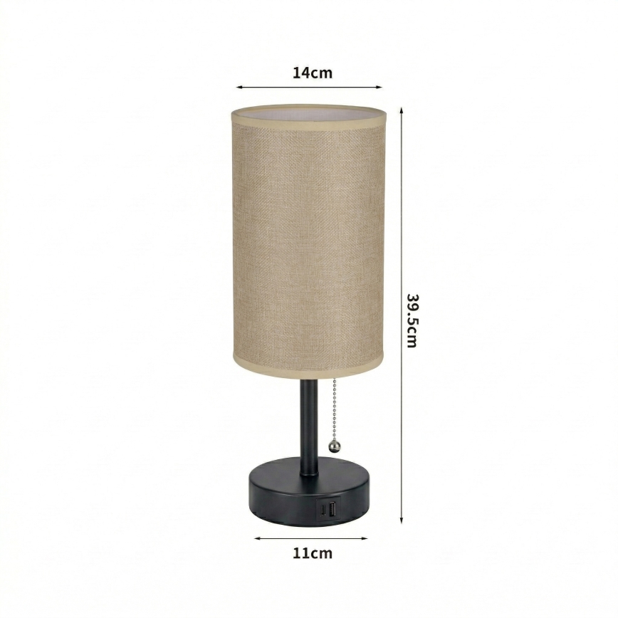 Brilagi - Bordslampa med USB-port TABLON 1xE27/25W/230V svart/beige