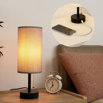 Brilagi - Bordslampa med USB-port TABLON 1xE27/25W/230V svart/grå