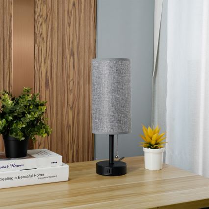Brilagi - Bordslampa med USB-port TABLON 1xE27/25W/230V svart/grå