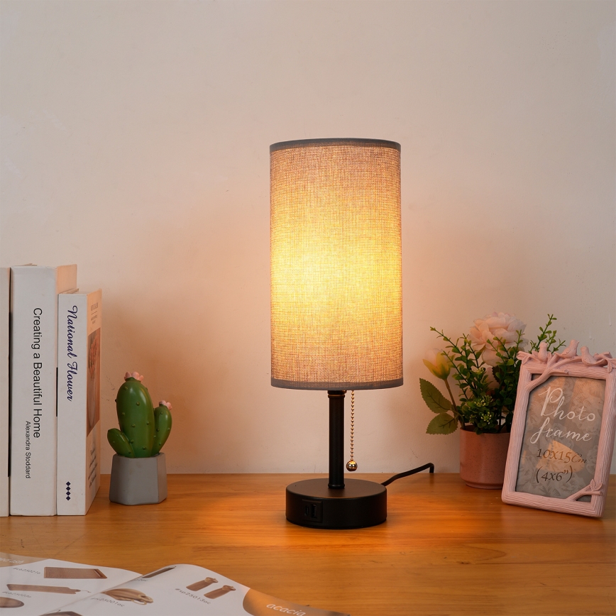 Brilagi - Bordslampa med USB-port TABLON 1xE27/25W/230V svart/grå