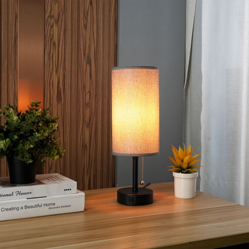 Brilagi - Bordslampa med USB-port TABLON 1xE27/25W/230V svart/grå