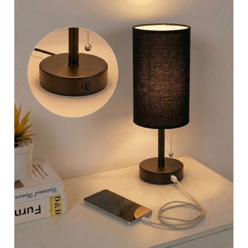 Brilagi - Bordslampa med USB-port TABLON 1xE27/25W/230V svart