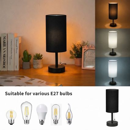 Brilagi - Bordslampa med USB-port TABLON 1xE27/25W/230V svart