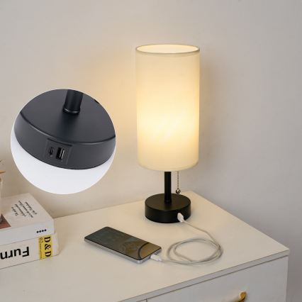 Brilagi - Bordslampa med USB-port TABLON 1xE27/25W/230V svart/krämfärgad