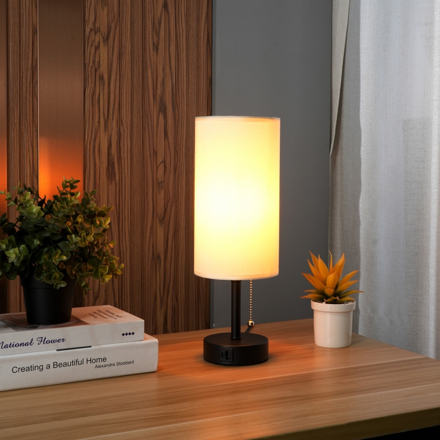 Brilagi - Bordslampa med USB-port TABLON 1xE27/25W/230V svart/krämfärgad