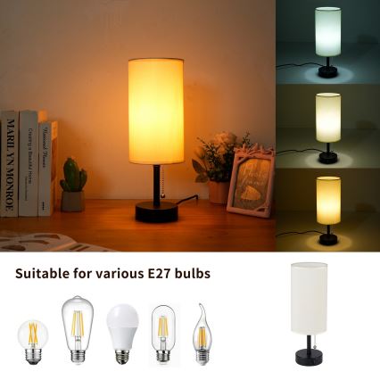 Brilagi - Bordslampa med USB-port TABLON 1xE27/25W/230V svart/krämfärgad