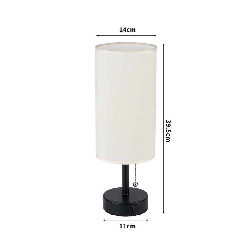 Brilagi - Bordslampa med USB-port TABLON 1xE27/25W/230V svart/krämfärgad