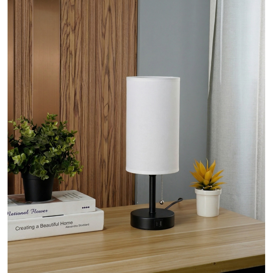 Brilagi - Bordslampa med USB-port TABLON 1xE27/25W/230V svart/vit