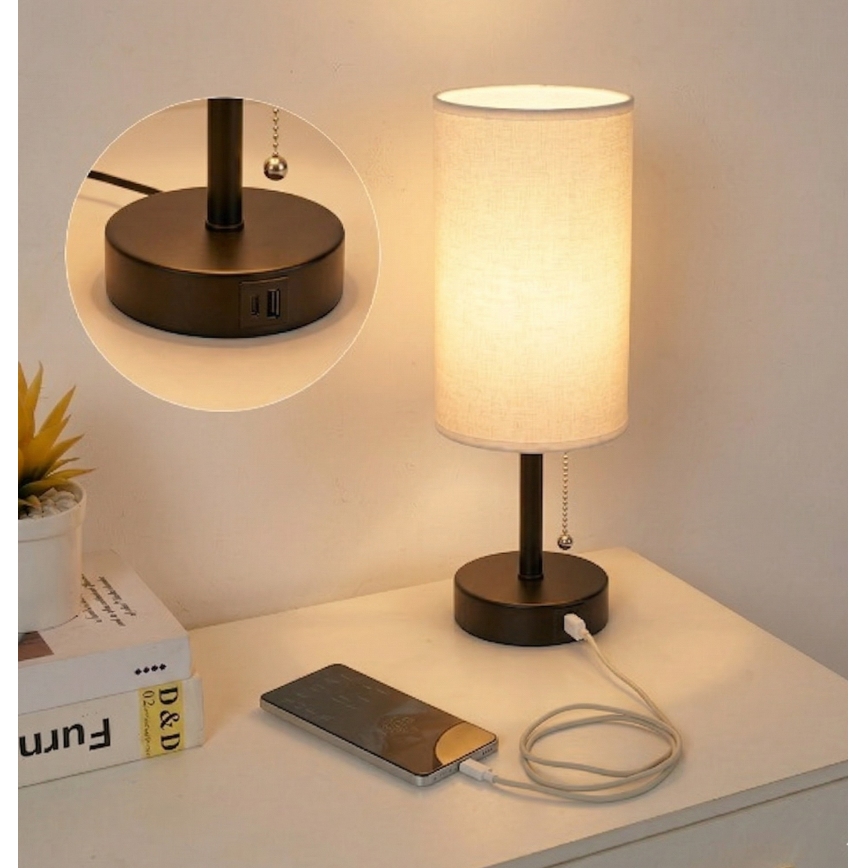 Brilagi - Bordslampa med USB-port TABLON 1xE27/25W/230V svart/vit