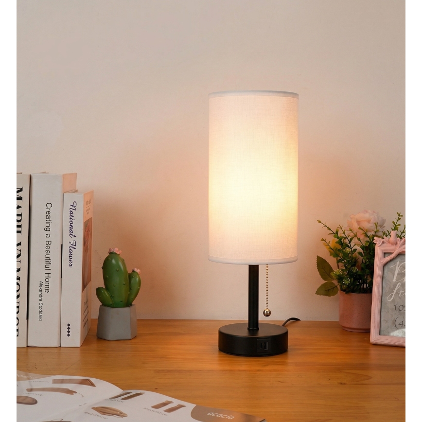 Brilagi - Bordslampa med USB-port TABLON 1xE27/25W/230V svart/vit