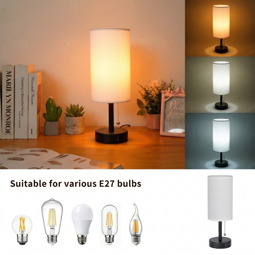 Brilagi - Bordslampa med USB-port TABLON 1xE27/25W/230V svart/vit