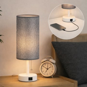 Brilagi - Bordslampa med USB-port TABLON 1xE27/25W/230V vit/grå