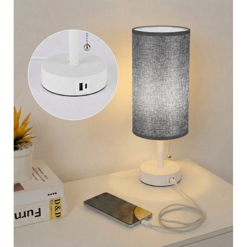 BRILAGI - Bordslampa med USB-port TABLON 1xE27/25W/230V vit/grå