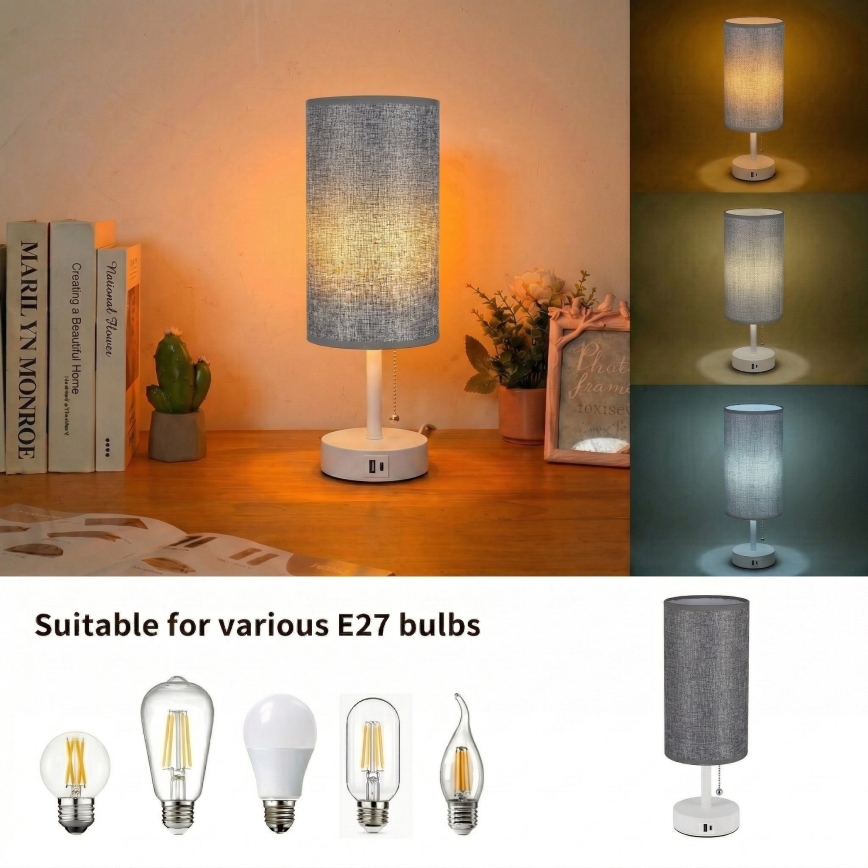 BRILAGI - Bordslampa med USB-port TABLON 1xE27/25W/230V vit/grå
