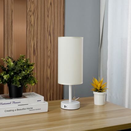 Brilagi - Bordslampa med USB-port TABLON 1xE27/25W/230V vit/krämfärgad