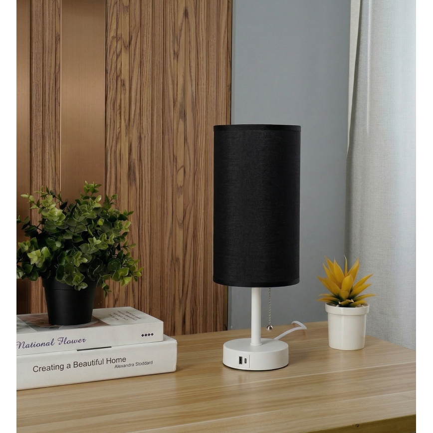 Brilagi - Bordslampa med USB-port TABLON 1xE27/25W/230V vit/svart