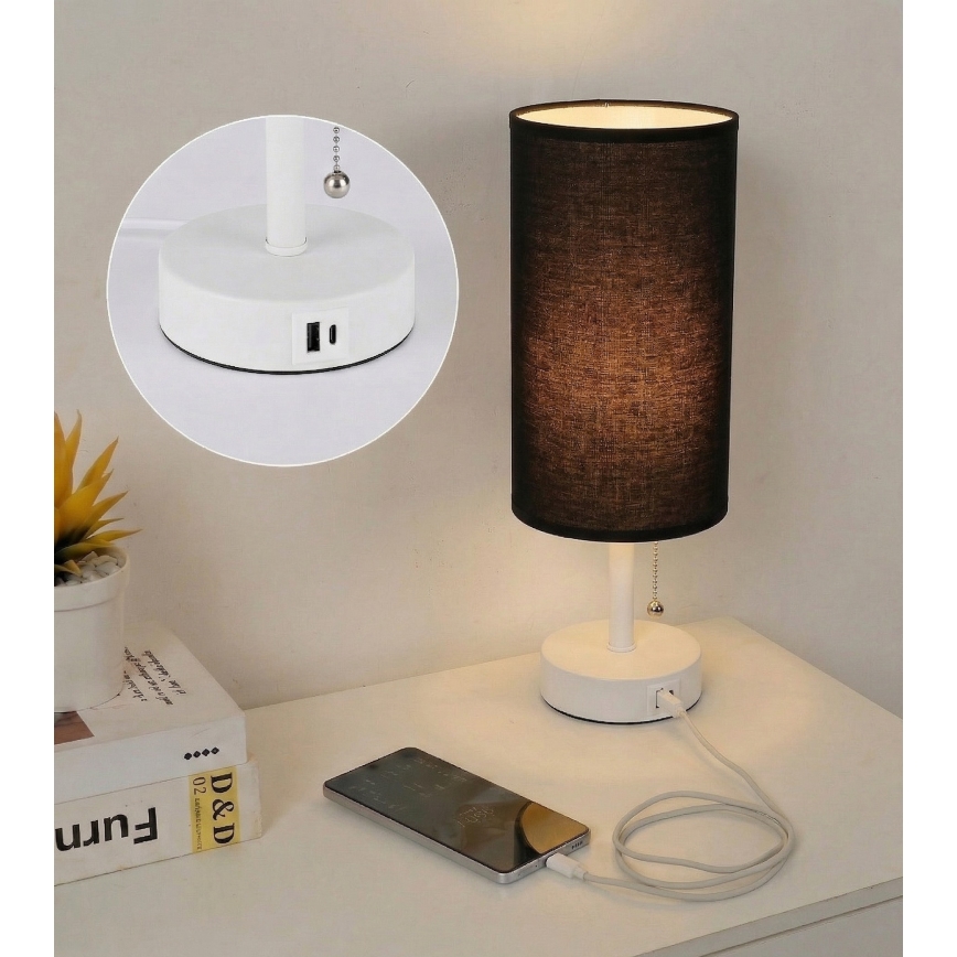 Brilagi - Bordslampa med USB-port TABLON 1xE27/25W/230V vit/svart