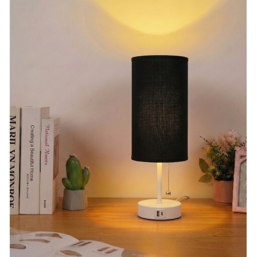 Brilagi - Bordslampa med USB-port TABLON 1xE27/25W/230V vit/svart