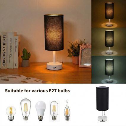 Brilagi - Bordslampa med USB-port TABLON 1xE27/25W/230V vit/svart