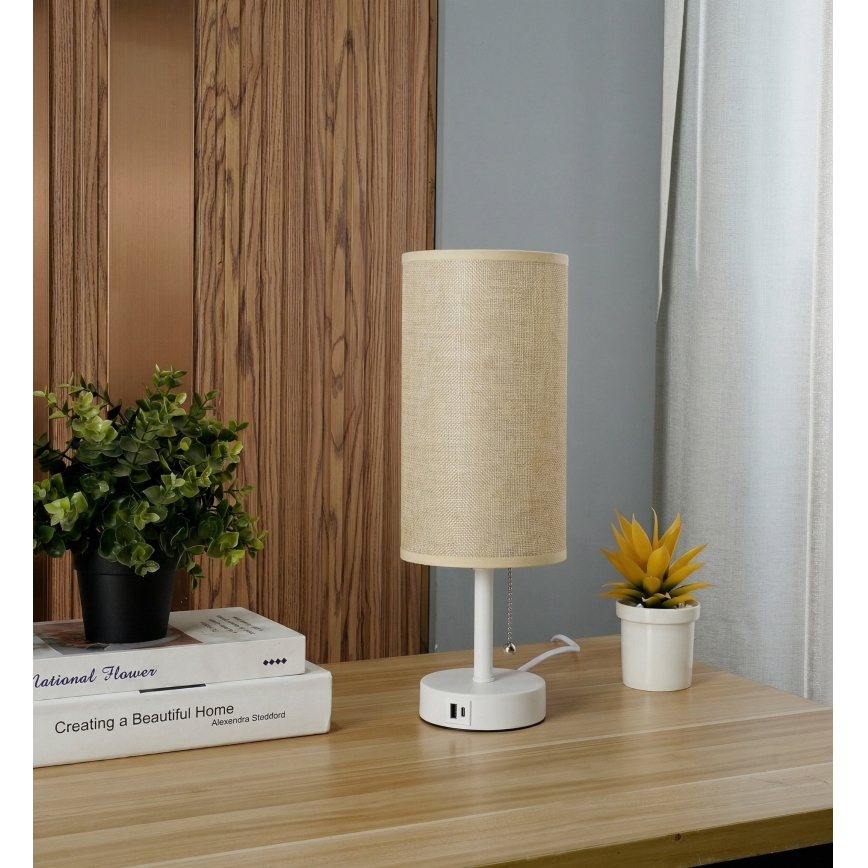 Brilagi - Bordslampa TABLON med USB-port 1xE27/25W/230V vit/beige