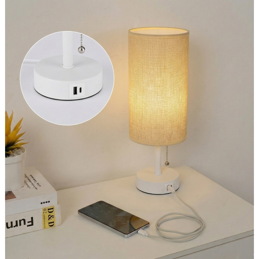 Brilagi - Bordslampa TABLON med USB-port 1xE27/25W/230V vit/beige