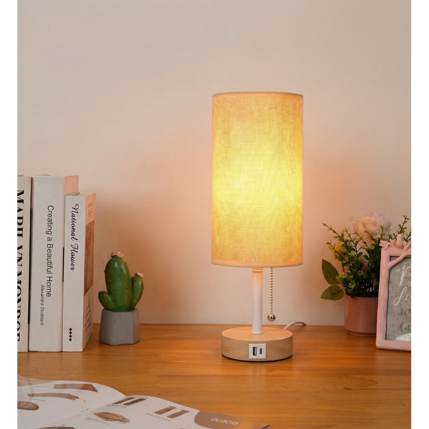Brilagi - Bordslampa TABLON med USB-port 1xE27/25W/230V vit/beige