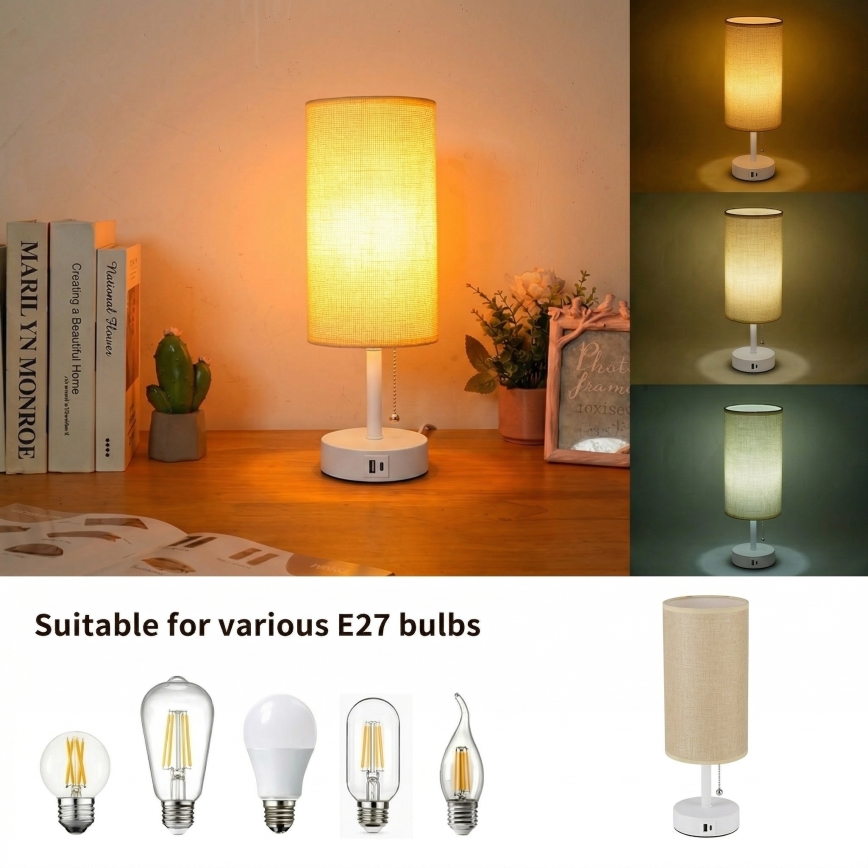 Brilagi - Bordslampa TABLON med USB-port 1xE27/25W/230V vit/beige