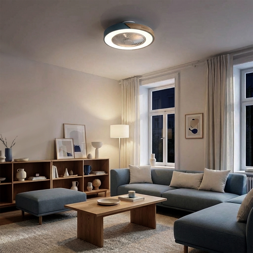 Brilagi - dimmerbar LED-taklampa med fläkt LED/38W/230V 3000-6500K Ø 50 cm blå/ek + fjärrkontroll