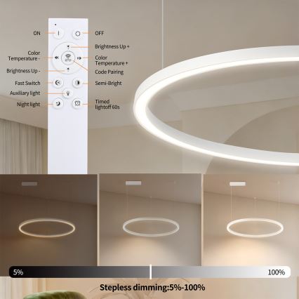 Brilagi - PORTOFINO LED-pendel, dimbar, på vajer, LED/60W/230V, 3000–6000K, Ø 80 cm, vit + fjärrkontroll