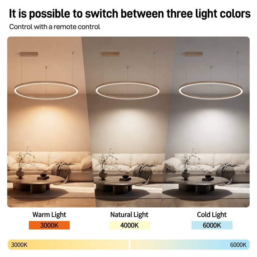 Brilagi - PORTOFINO LED-dimmbar pendellampa med kabel, 60 W, 230 V, 3000–6000 K, Ø 80 cm, beige + fjärrkontroll