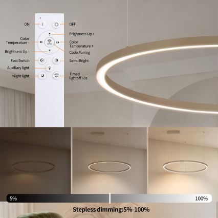 Brilagi - PORTOFINO LED-dimmbar pendellampa med kabel, 60 W, 230 V, 3000–6000 K, Ø 80 cm, beige + fjärrkontroll