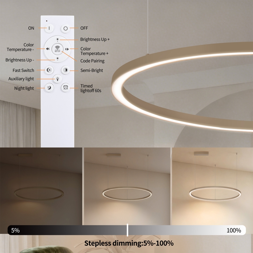 Brilagi - PORTOFINO LED-dimmbar pendellampa med kabel, 60 W, 230 V, 3000–6000 K, Ø 80 cm, beige + fjärrkontroll