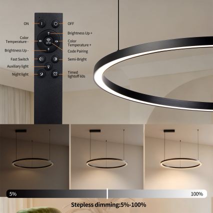 Brilagi - Dimbar LED-pendellampa på kabel PORTOFINO LED/60W/230V 3000–6000K Ø 80 cm svart + fjärrkontroll