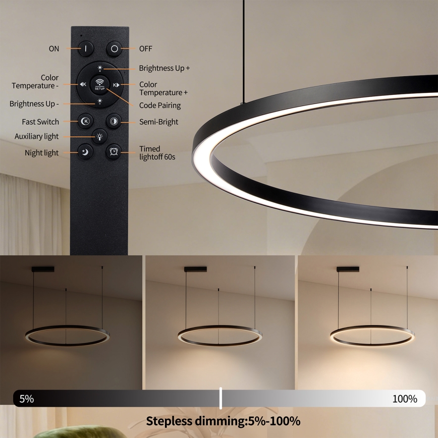 Brilagi - Dimbar LED-pendellampa på kabel PORTOFINO LED/60W/230V 3000–6000K Ø 80 cm svart + fjärrkontroll