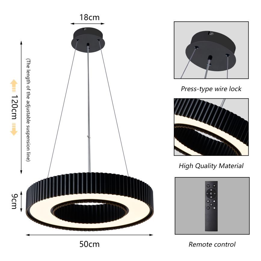 Brilagi - Dimbar LED-pendellampa på vajer LUMIX LED/48W/230V 3000-6000K svart Ø 50 cm + fjärrkontroll