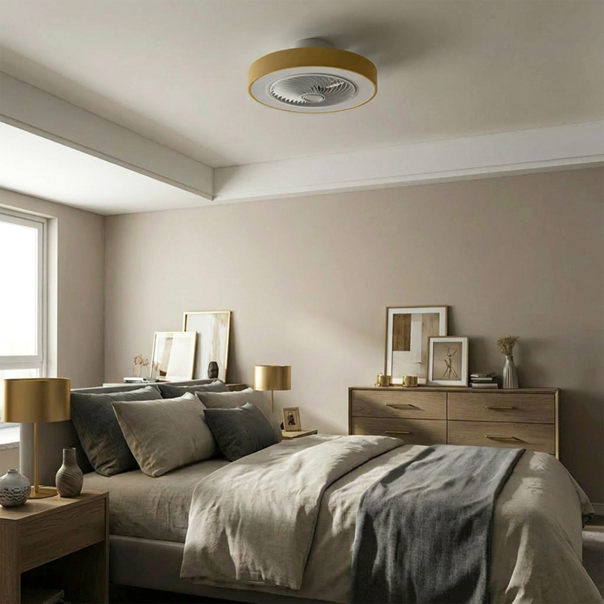 Brilagi - LED-dimbar taklampa med fläkt, 38W/230V, 3000-6500K, Ø 50 cm, guldfärgad + fjärrkontroll