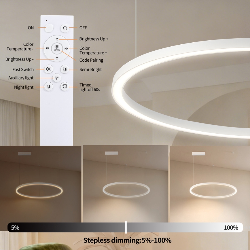 Brilagi - LED dimbar pendellampa på kabel PORTOFINO LED/60W/230V 3000-6000K Ø 80 cm vit + fjärrkontroll