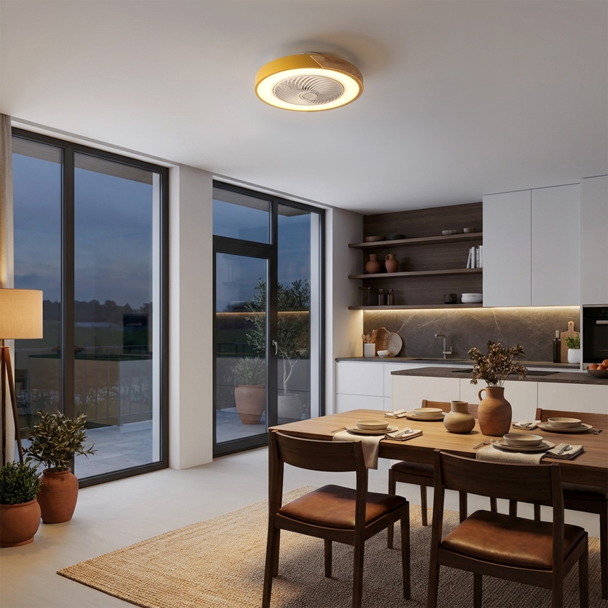 Brilagi - LED dimbar taklampa med fläkt LED/38W/230V 3000-6500K 3000-6500K Ø 50 cm guld/ek + fjärrkontroll