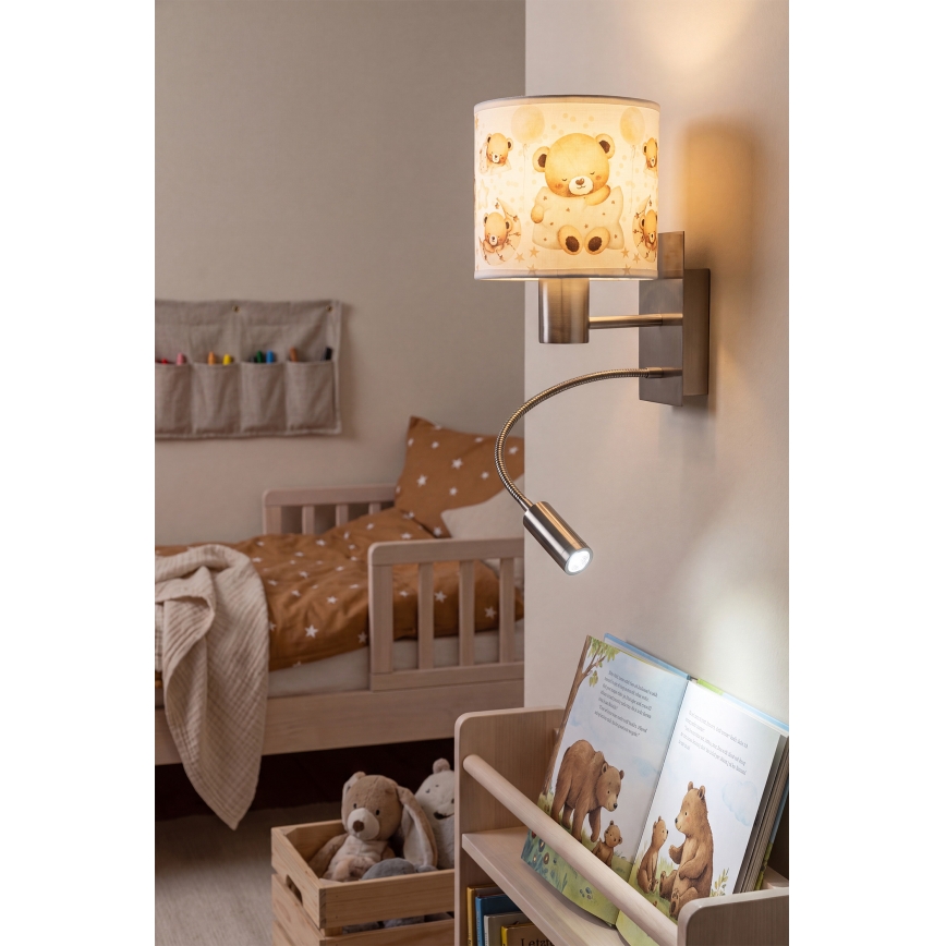 BRILAGI - LED flexibel vägglampa för barn BOBO 1xE27/25W/230V + LED/3W matt krom/vit/nallar