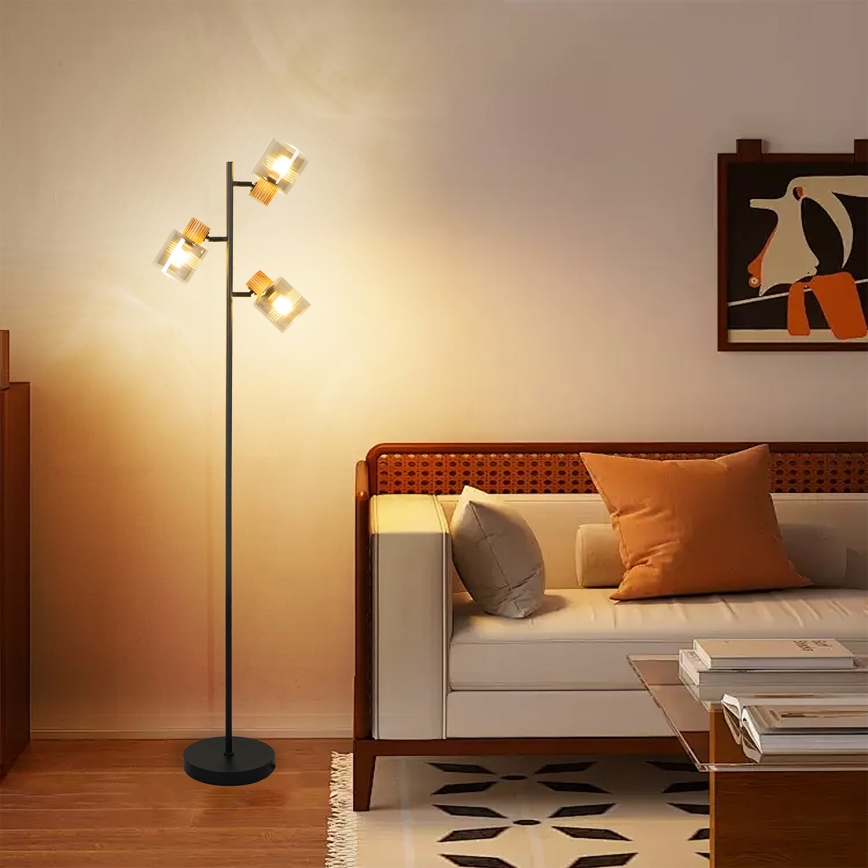 Brilagi - Golvlampa HYGGE 3xE14/15W/230V trä/rökfärgad