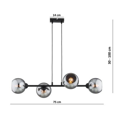 Brilagi - Hänglampa med kabel DIOR 4xE27/60W/230V svart/rökgrå