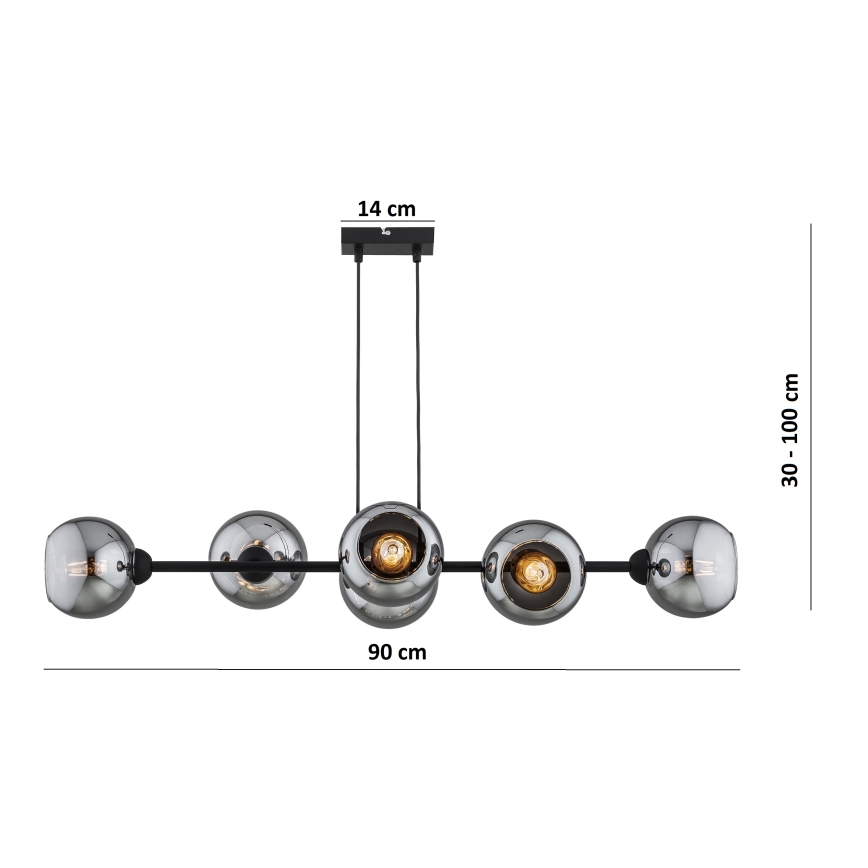 Brilagi - Hänglampa med vajer DIOR 6xE27/60W/230V svart/rökgrå