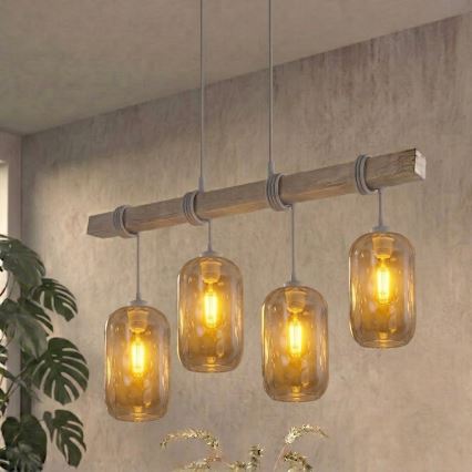 BRILAGI - Hänglampa på vajer WOOD GLASS 4xE27/60W/230V tall/grå/rökgrå