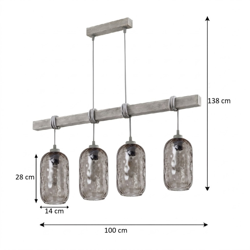 BRILAGI - Hänglampa på vajer WOOD GLASS 4xE27/60W/230V tall/grå/rökgrå