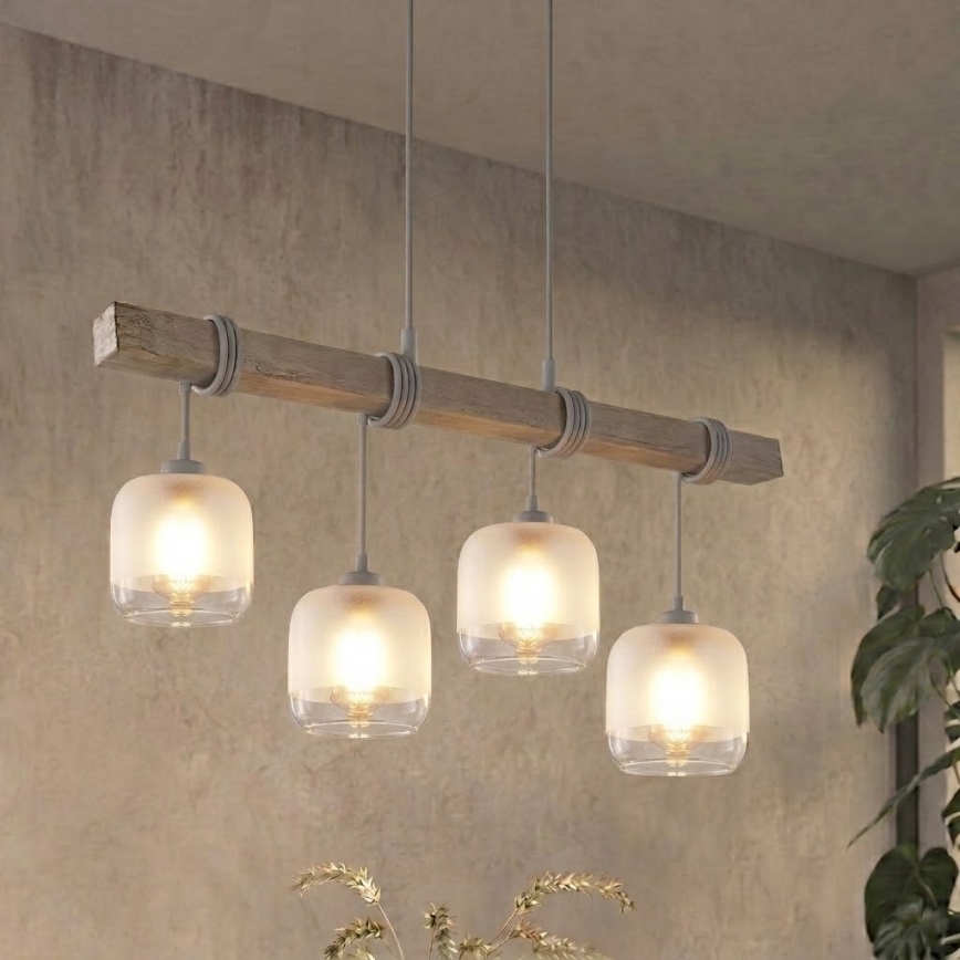 BRILAGI - Hänglampa på sladd WOOD GLASS 4xE27/60W/230V furu/grå/vit