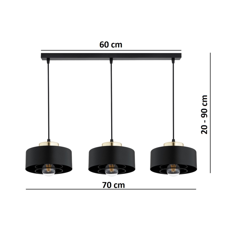Brilagi - Hänglampa på vajer SPRING 3xE27/60W/230V svart/guld
